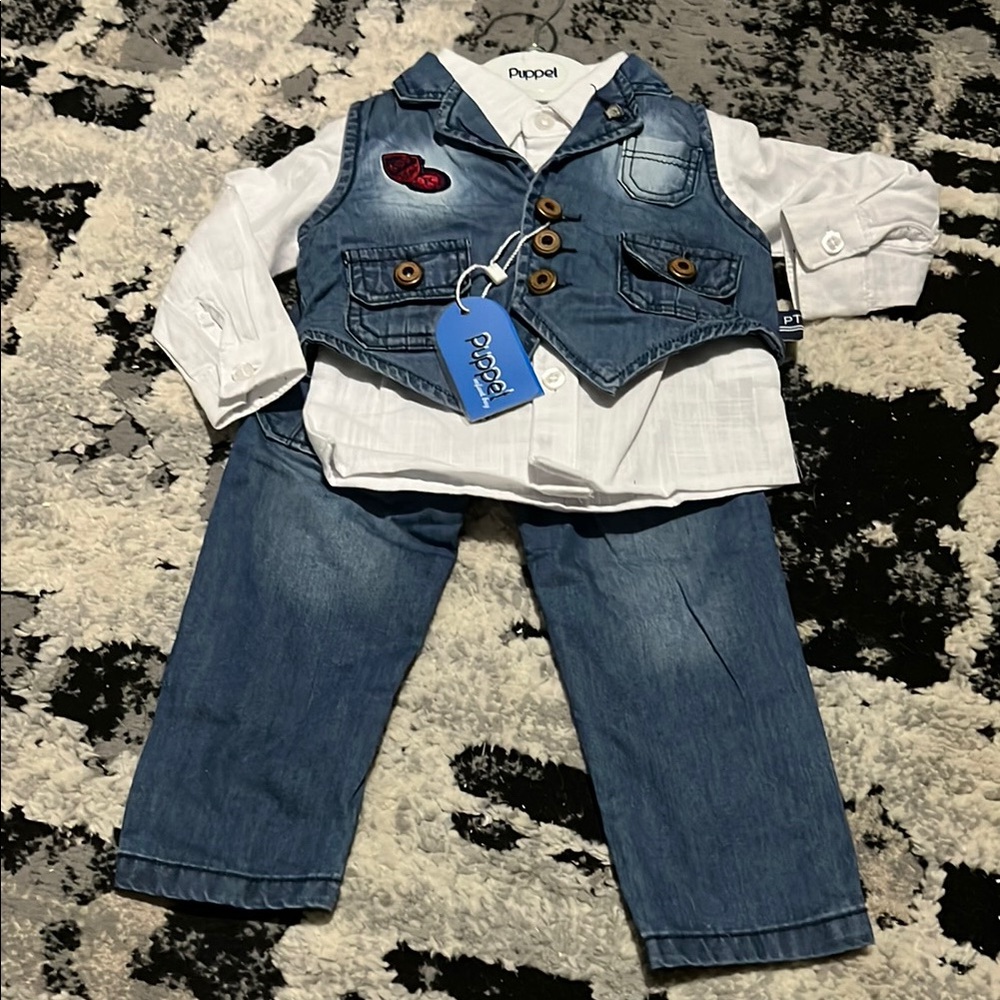 Kids Denim Vest Set - Blue and White